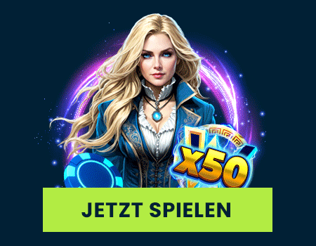 Fantasy Spielerin mit Jetons x50 Symbol und Leuchteffekt, Jetzt spielen Button