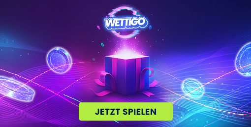 Violette Geschenkbox mit schwebenden Münzen vor digitalem Hintergrund