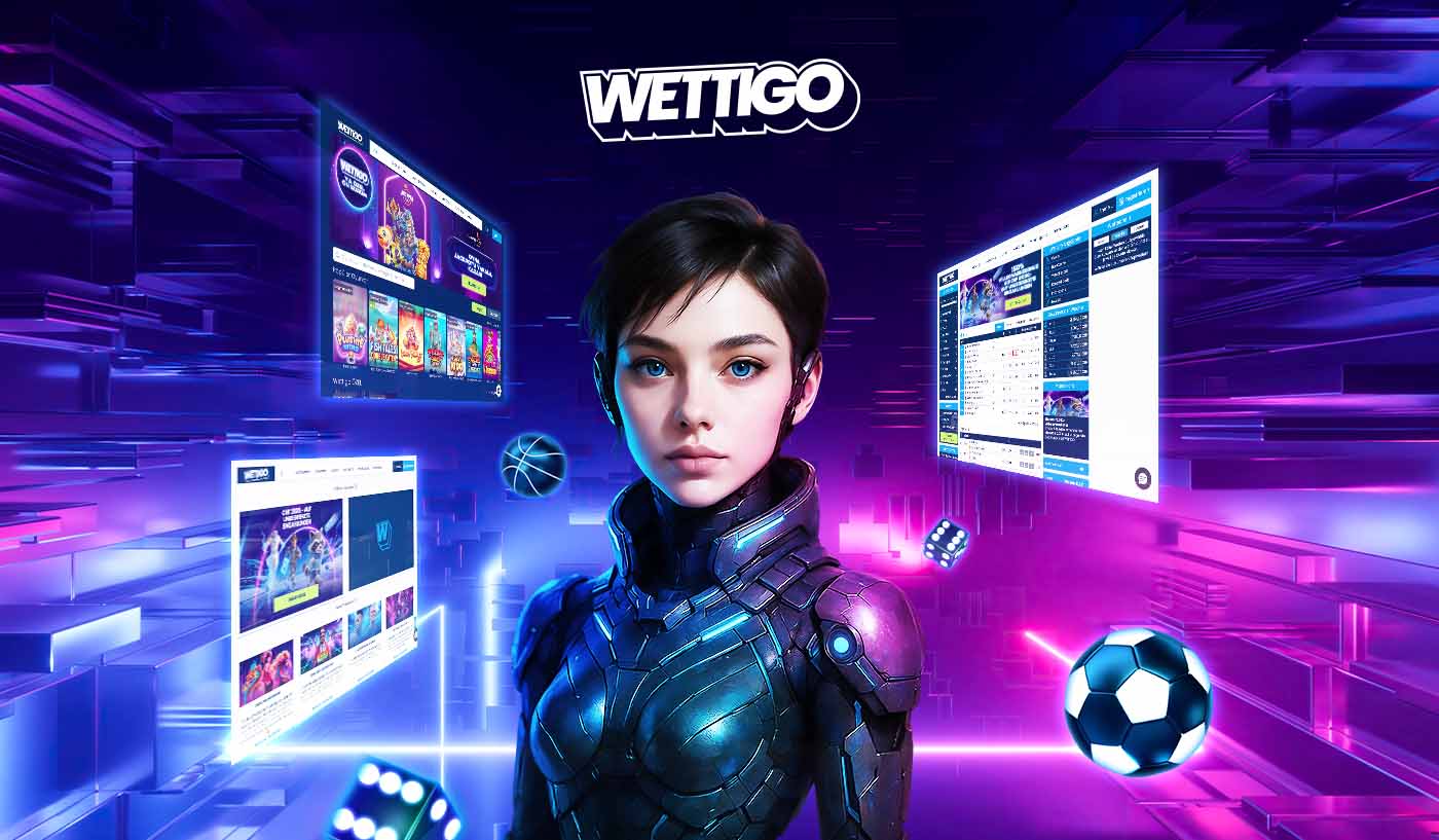Futuristische wettigo Szene mit Avatar Slotansichten und Fußballsymbolen