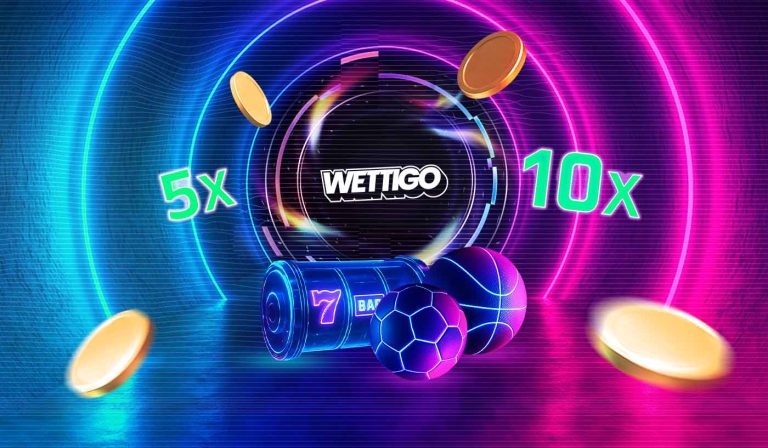 Neon Tunnel mit Münzen Slotzylinder und Logo, wettigo bonus Aktion