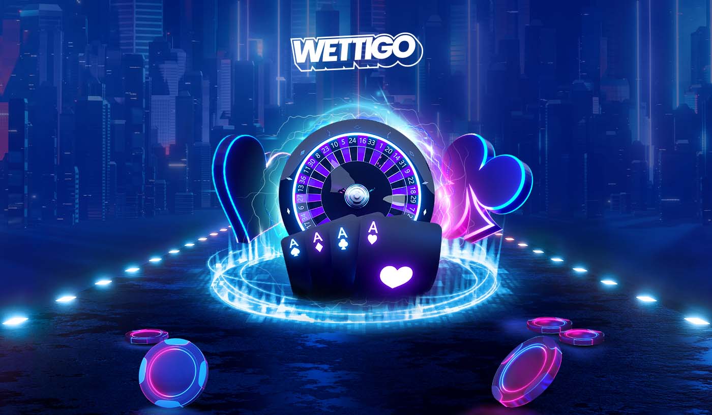 Wettigo Casino mit Roulette Rad vor nächtlicher Skyline und Kartenzeichen