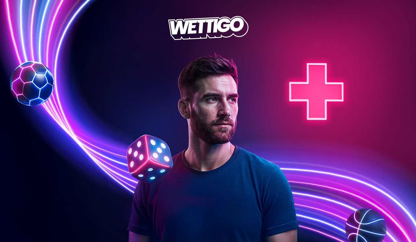 Männlicher Spieler vor Neonlinien mit Würfeln Ball und Kreuz, Wettigo Schweiz