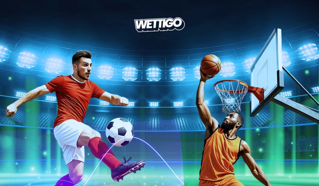 Wettigo Wetten mit Fußball und Basketball im Stadionlicht dynamische Szene